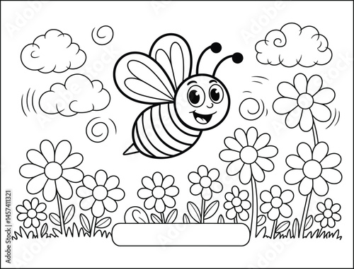 Cute Cartoon Bee Flying Over Flowers Coloring Page