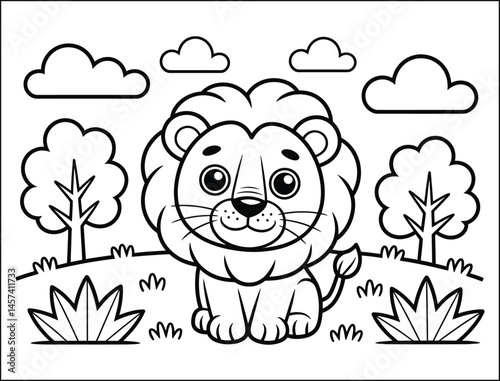Cute Cartoon Lion Cub Coloring Page Illustration