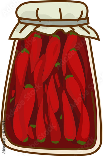 Red Chili Pickle - Hand-drawn preserved food illustration in colorful jars, perfect for kitchen design and organic product themes