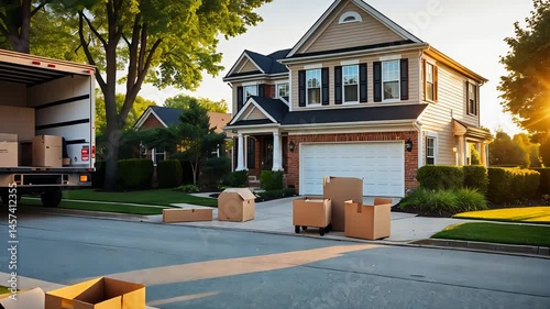 Moving boxes stacked on the driveway in front of a two-story house with a moving truck parked nearby, capturing the relocation process in a suburban setting.

