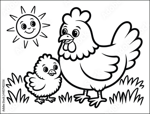 Cute Hen and Chick Coloring Page Sunny Day Farm Animals