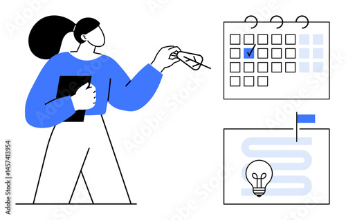 Woman holding a notebook reviews a calendar with marked tasks and a project roadmap with a lightbulb for ideas. Ideal for scheduling, goal setting, planning, time management, project tracking