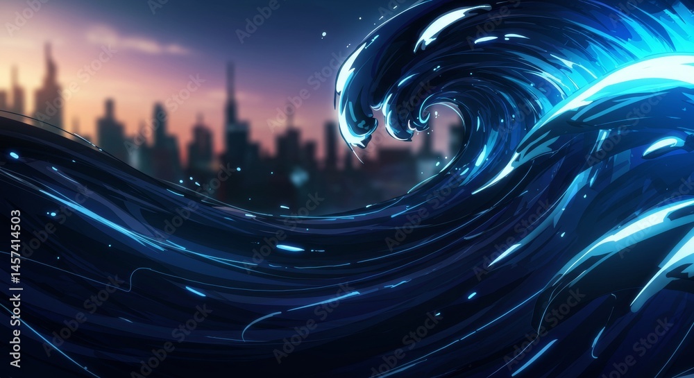 Dynamic ocean wave illustration with vibrant blue tones and city skyline