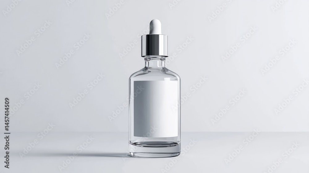 Clear dropper bottle mockup with a blank label and silver cap, isolated on a white background Clear dropper bottle mockup with a blank label and silver cap, isolated on a white background