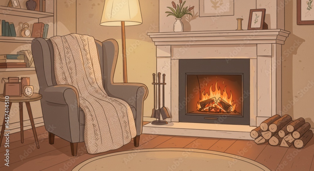 Cozy living room with a warm fireplace and a comfortable armchair