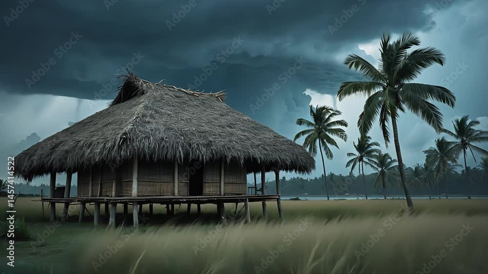 Tropical hut with a thatched roof surrounded by palm trees, set against a dramatic stormy sky and windswept grass in a remote coastal area.
Tropical hut with a thatched roof surrounded by palm trees, set against a dramatic stormy sky and windswept grass in a remote coastal area.