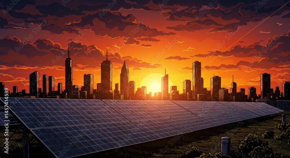 Stunning sunset over a city skyline with solar panels in the foreground