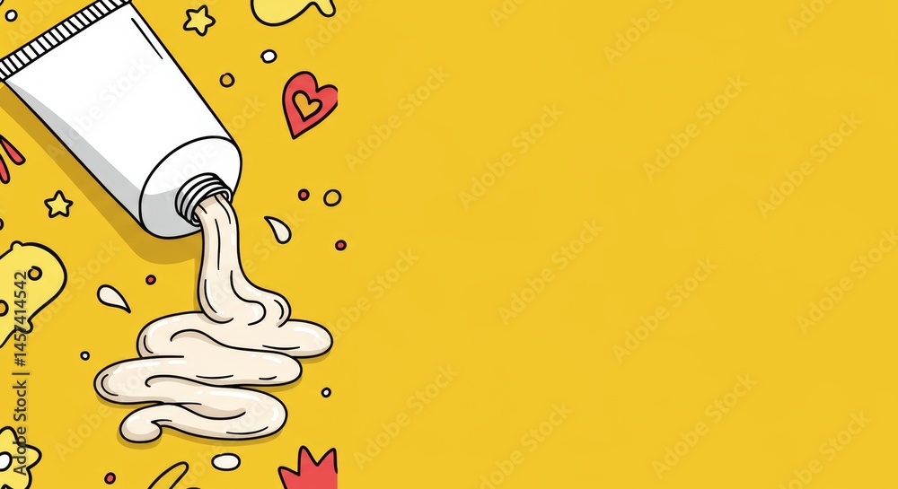 Colorful artistic background with cream tube and playful elements