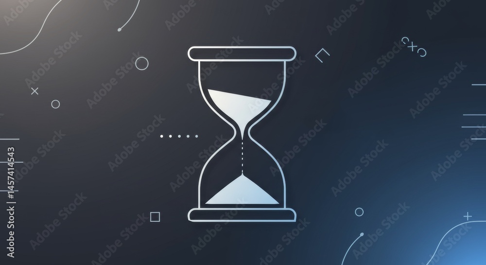 Minimalist hourglass illustration on a dark background with geometric shapes