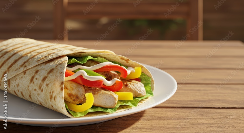 Delicious chicken wrap with fresh vegetables on a white plate