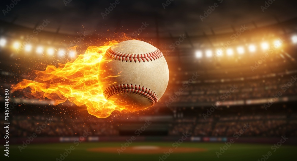 Dynamic baseball soaring through flames in a dramatic stadium setting