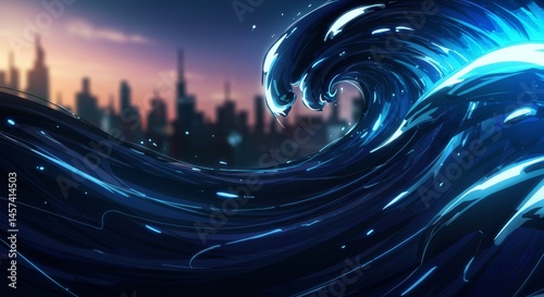 Obraz na płótnie Dynamic ocean wave illustration with vibrant blue tones and city skyline w salonie