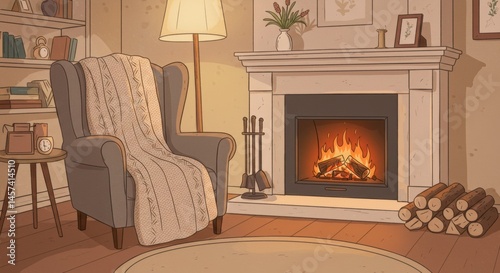 Obraz na płótnie Cozy living room with a warm fireplace and a comfortable armchair w salonie