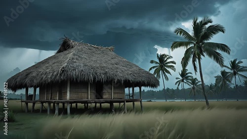 Tropical hut with a thatched roof surrounded by palm trees, set against a dramatic stormy sky and windswept grass in a remote coastal area.


