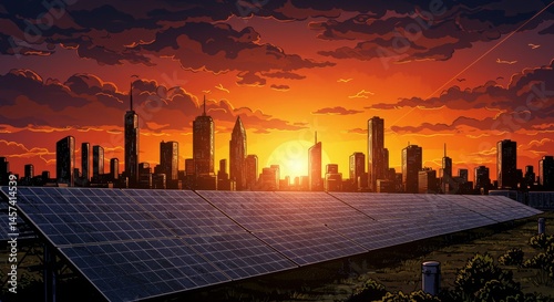 Obraz na płótnie Stunning sunset over a city skyline with solar panels in the foreground w salonie