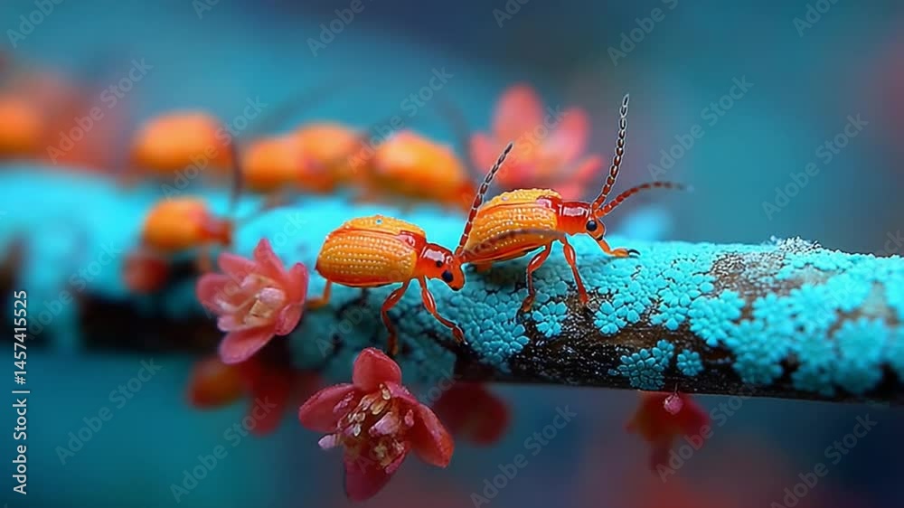 Vibrant Beetle Embrace: Two striking orange beetles, adorned with delicate antennae, share a tender moment on a vividly turquoise branch adorned with floral accents, bathed in a spectrum of rich hues.