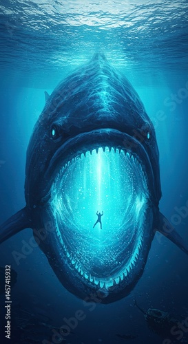 illustration of a mystical giant fish under the sea swallowing a person