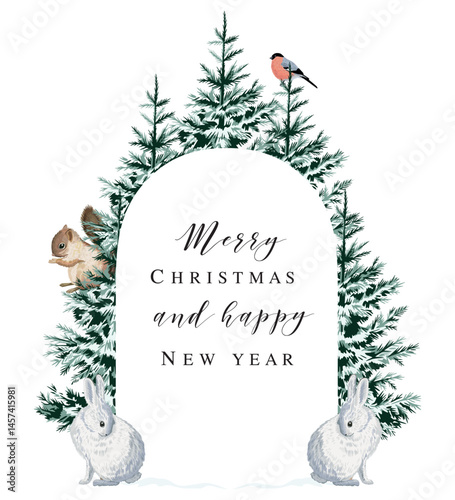 Christmas tree, rabbit, squirrel and bullfinch composition. Winter arch greeting card.	