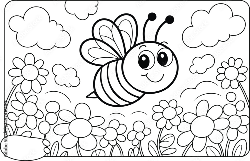Fototapeta premium Cute Cartoon Bee Flying Over Flowers Coloring Page