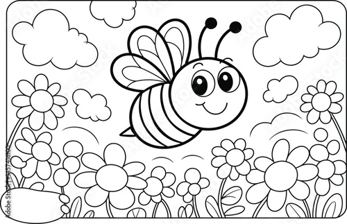 Cute Cartoon Bee Flying Over Flowers Coloring Page