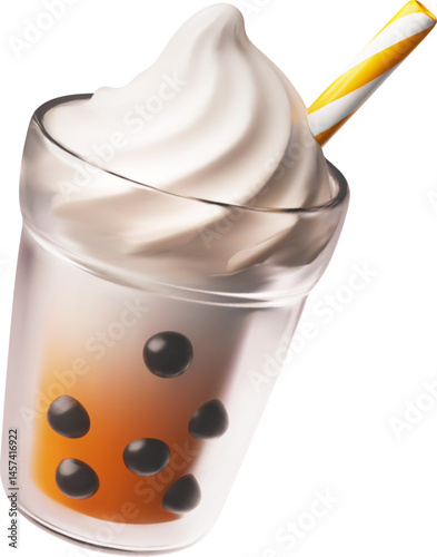 Bubble tea. 3D glass with tapioca balls, whipped cream and straw.