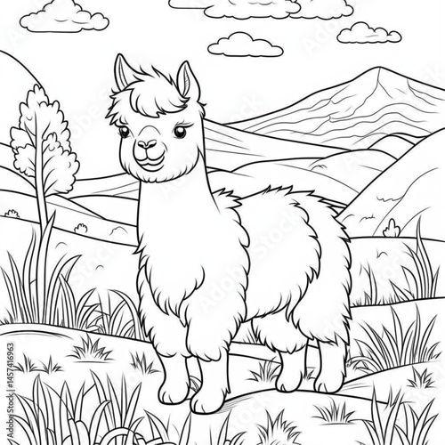 Alpaca Coloring Page – Cute Llama Style Wool Animal Illustration, Fluffy Andean Camelid Line Art for Kids, South American Livestock Drawing, Farm Animal Outline, Cartoon Wooly Camel Family Species