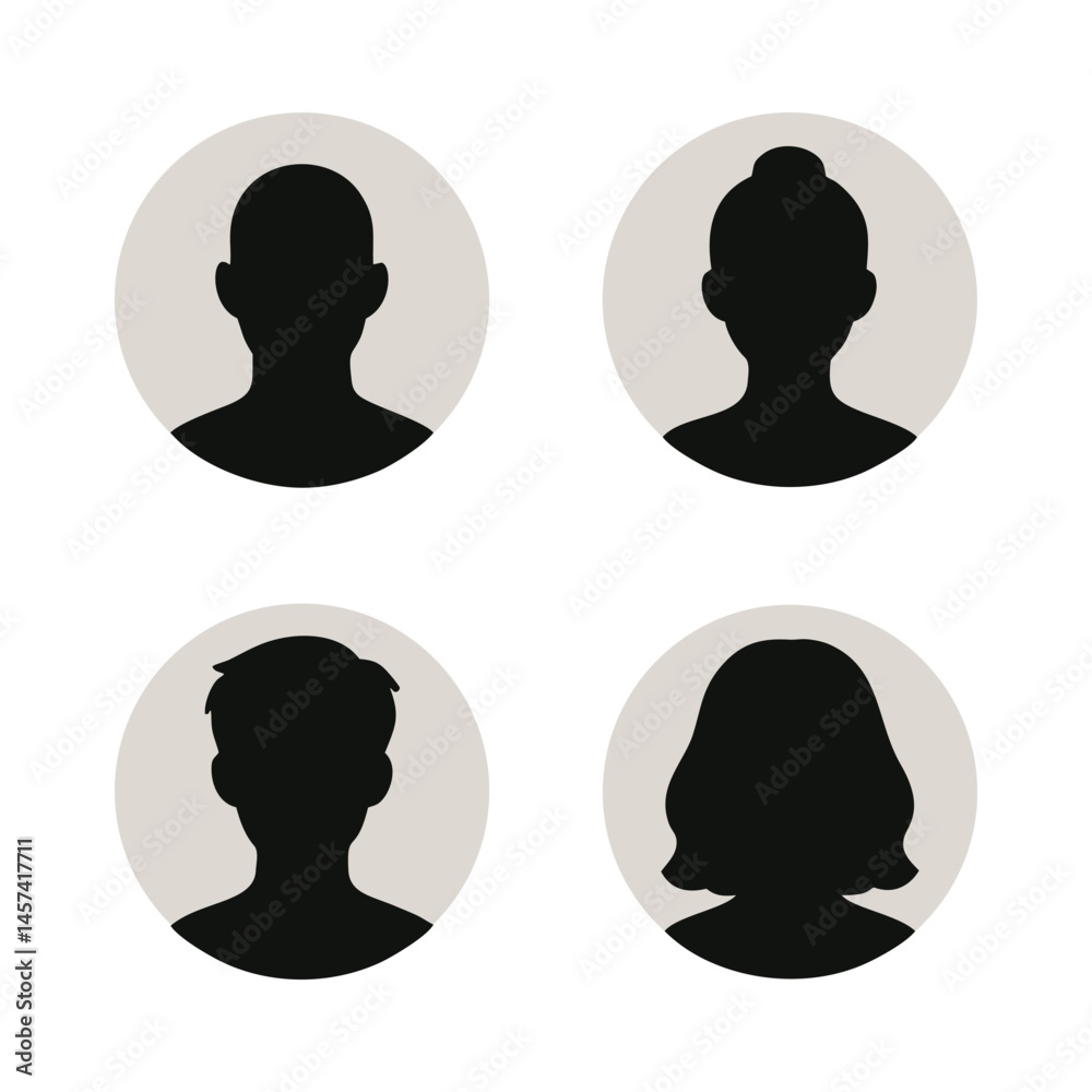 Minimalist silhouettes of diverse human profiles in varying hairstyles and orientations for digital identity visuals. Minimalist silhouettes of diverse human profiles in varying hairstyles and orientations for digital identity visuals.