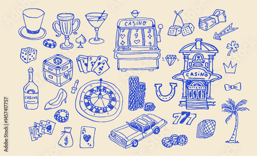 Collection of hand-drawn casino-themed illustrations featuring gambling symbols, poker cards, roulette wheel, slot machine, dice, luxury elements, and lucky motifs.