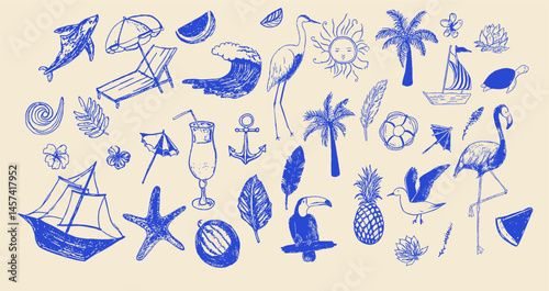 Vibrant collection of tropical and beach-themed illustrations featuring palm trees, waves, marine animals, toucan, seashells, cocktail, sailing elements, evoking summer paradise vibes.