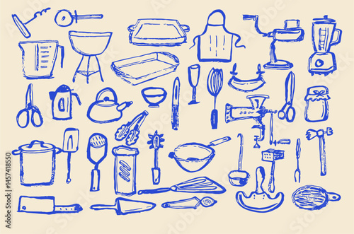 Stylish collection of kitchen utensil illustrations showcasing essential cooking tools, including spatulas, whisks, rolling pins, chef knives, frying pans, and teapots, designed for culinary 