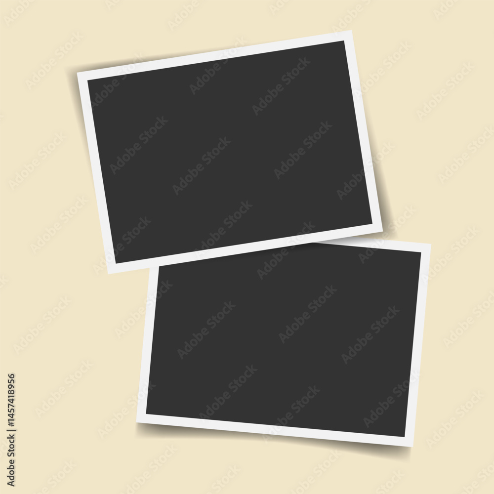 Realistic photo collage template. Two horizontal overlapping blank photo frames. Isolated vector mockup. Great for album, scrapbook, gallery design, image template, social media, memory layout