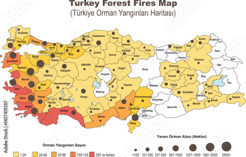Türkiye Forest Fire Numbers Map. Vector illustration isolated on white background.