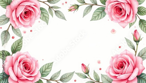 Delicate watercolor roses & leaves, repeating seamlessly , texture, white