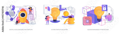 AI and Blockchain for Startups abstract concept vector illustrations.