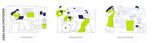 Office design and interior isolated cartoon vector illustrations se