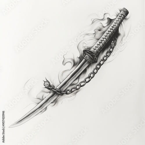 katana, draw, asian, cut, Japan, smoke, black and white, chain, weapon