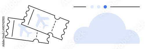 Two airline tickets with airplane icons beside a cloud and a loading progress indicator. Ideal for travel, booking, tourism, digital services, flight search, vacation, simple landing page