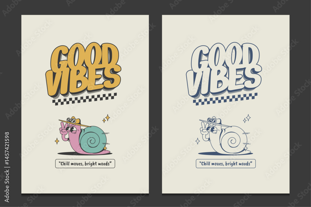 retro-style poster featuring a chill cartoon snail character, vector illustration