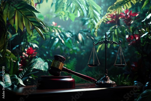 Gavel and scales of justice amidst lush tropical foliage, symbolizing legal proceedings in a remote or exotic setting.