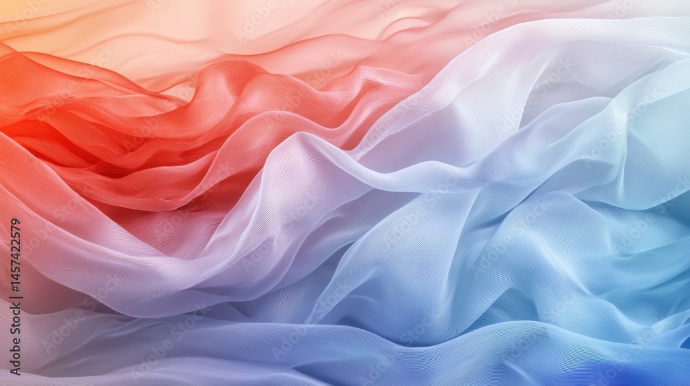 Fototapeta premium Silky fabric in shades of red, blue, and white flows in soft, gentle waves under subtle daylight, creating an elegant and serene atmosphere full of movement and texture