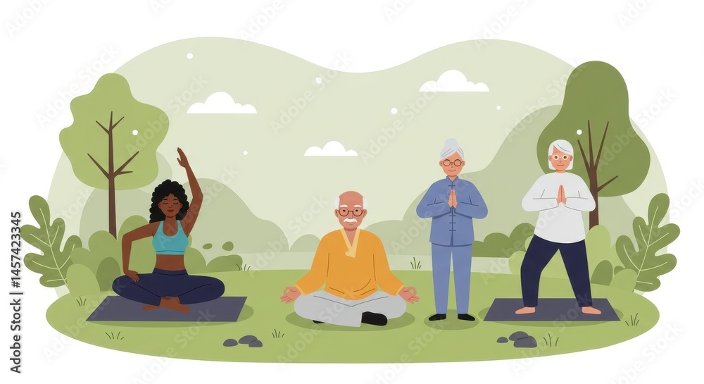 Naklejka premium group of old multiracial people practicing yoga and meditation in lotus position on mats in peaceful garden with calm atmosphere, illustration. senior activity, healthy lifestyle, retirement poster