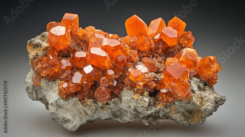 Stunning orange spessartine garnet crystal cluster on matrix rock specimen red rare gems brown shiny photo