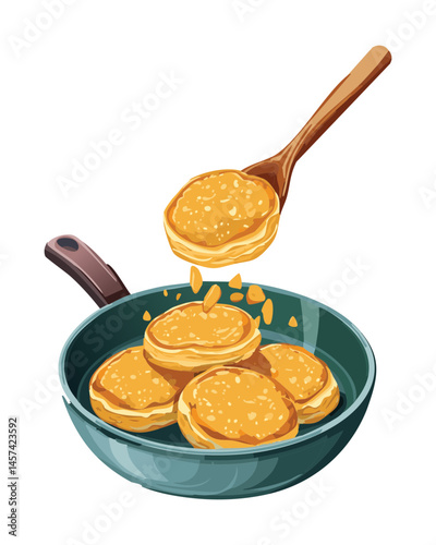 Stacking Freshly Cooked Patties on Pan - Vector Illustration