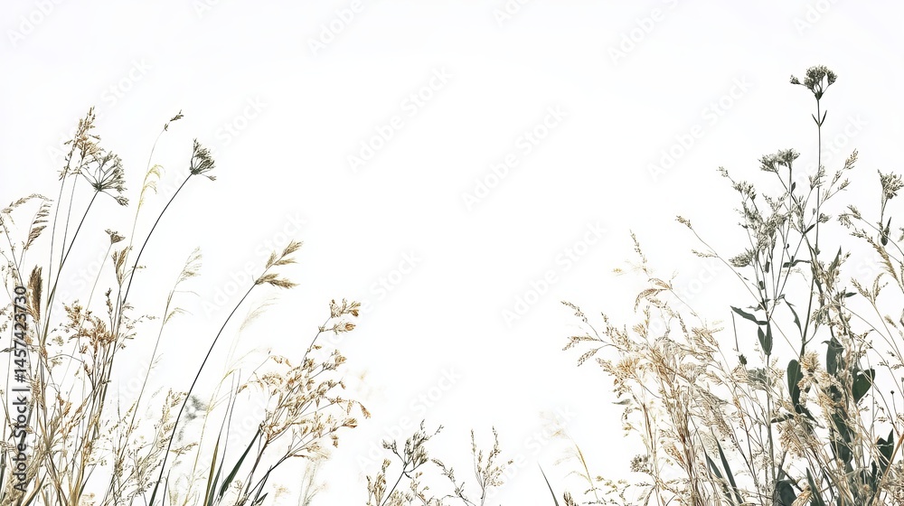 Obraz premium Elegant Dried Wildflowers Botanical Meadow Grass Beige Cream White Natural Minimalist Simple Floral Nature Background Texture Design Element Illustration art soft pale weeds stems 