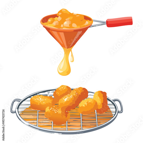 draining fried nuggets on the rack - vector illustration