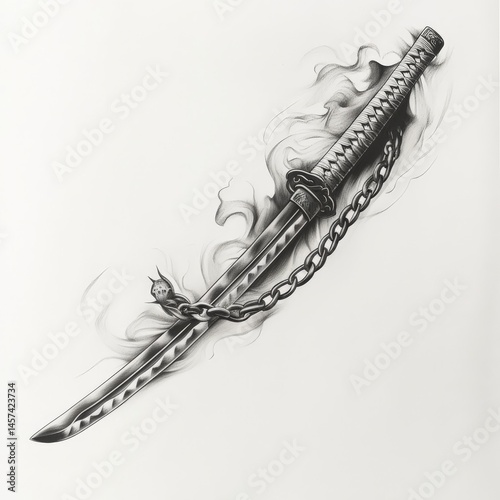 katana, draw, asian, cut, Japan, smoke, black and white, chain, weapon