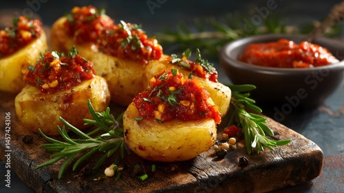 Delicious mini potatoes, beautifully baked and topped with fresh, homemade tomato salsa.