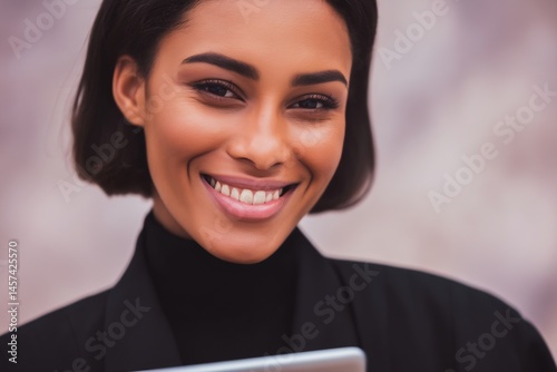 portrait of a successful businesswoman holding a digital tablet with a bright smile photo