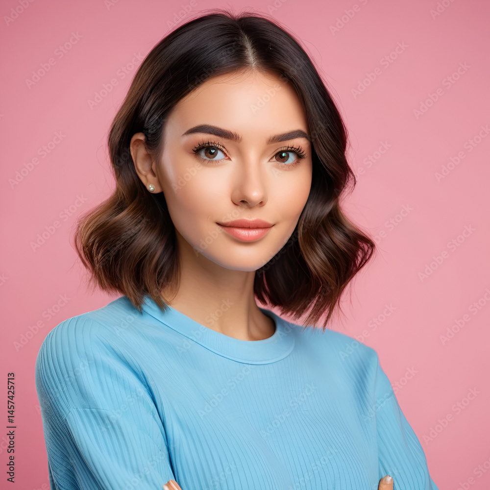 Fototapeta premium Close up photo of charming cute nice attractive sincere girlfriend willing to be trusted while isolated with vivid background