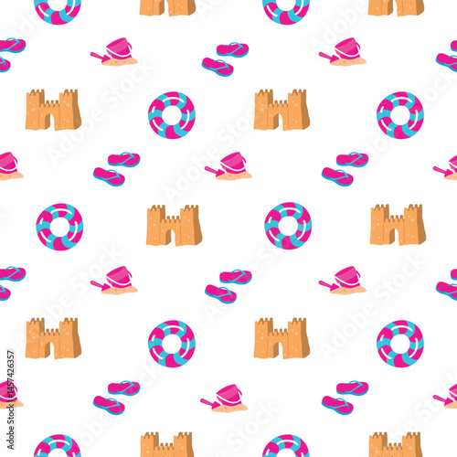 Summer vacation seamless pattern with sand castle, inflatable ring, beach slippers, children's bucket with shovel. Blue,pink and beige colors on white background. Vector design for textile, wallpaper.